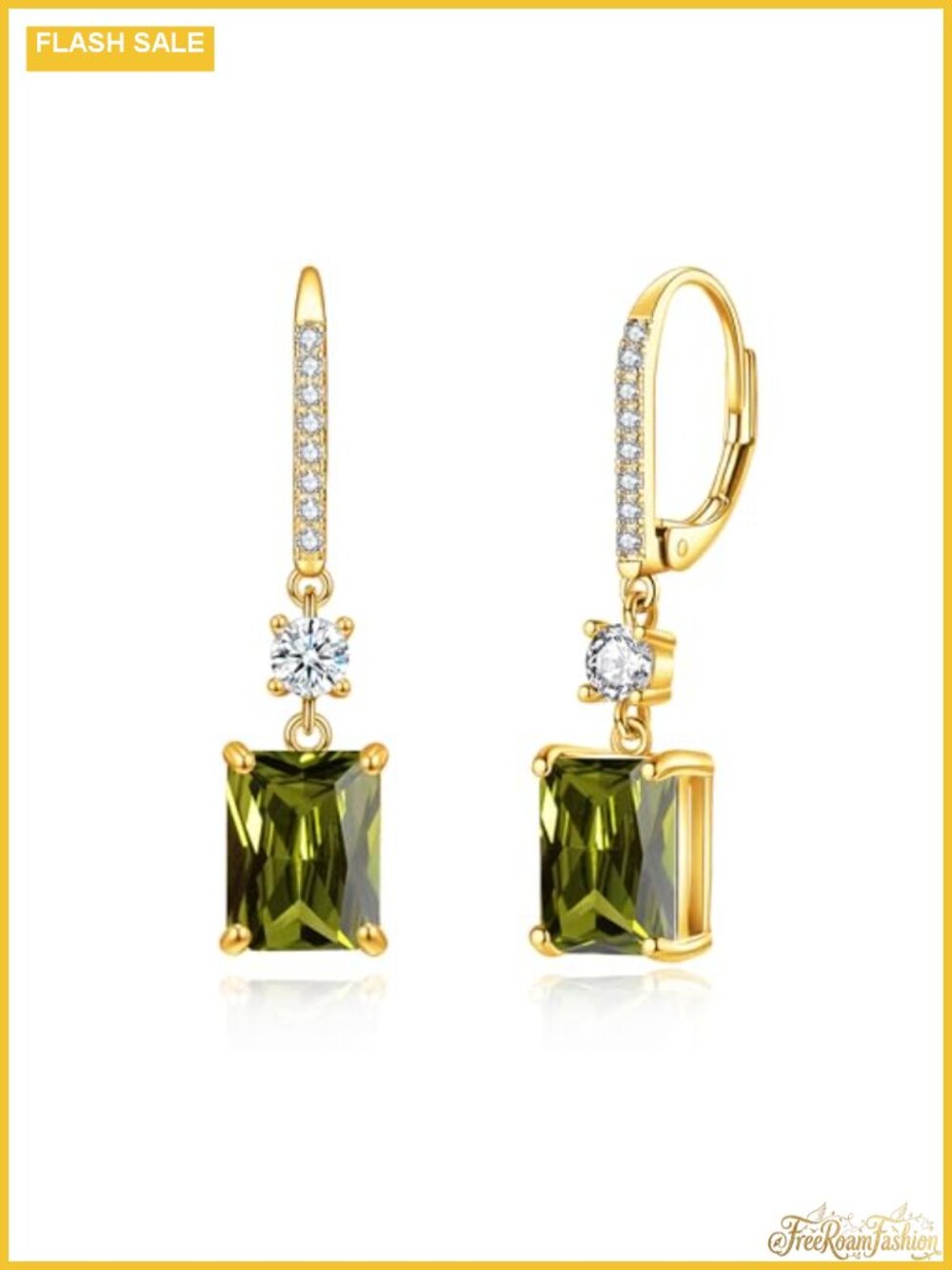 14K Yellow Gold Plated Rectangular CZ Leverback Dangle Drop Earrings